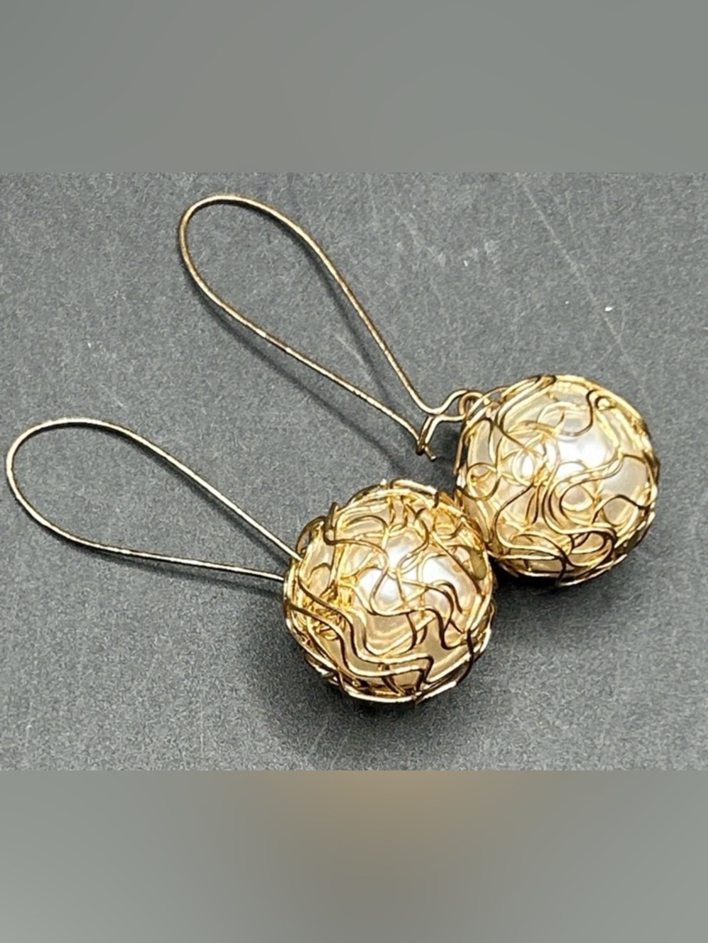 Gold Tone Metal Wire Wrapped Pearlescent Bead Drop Dangle Earrings, Jewelry